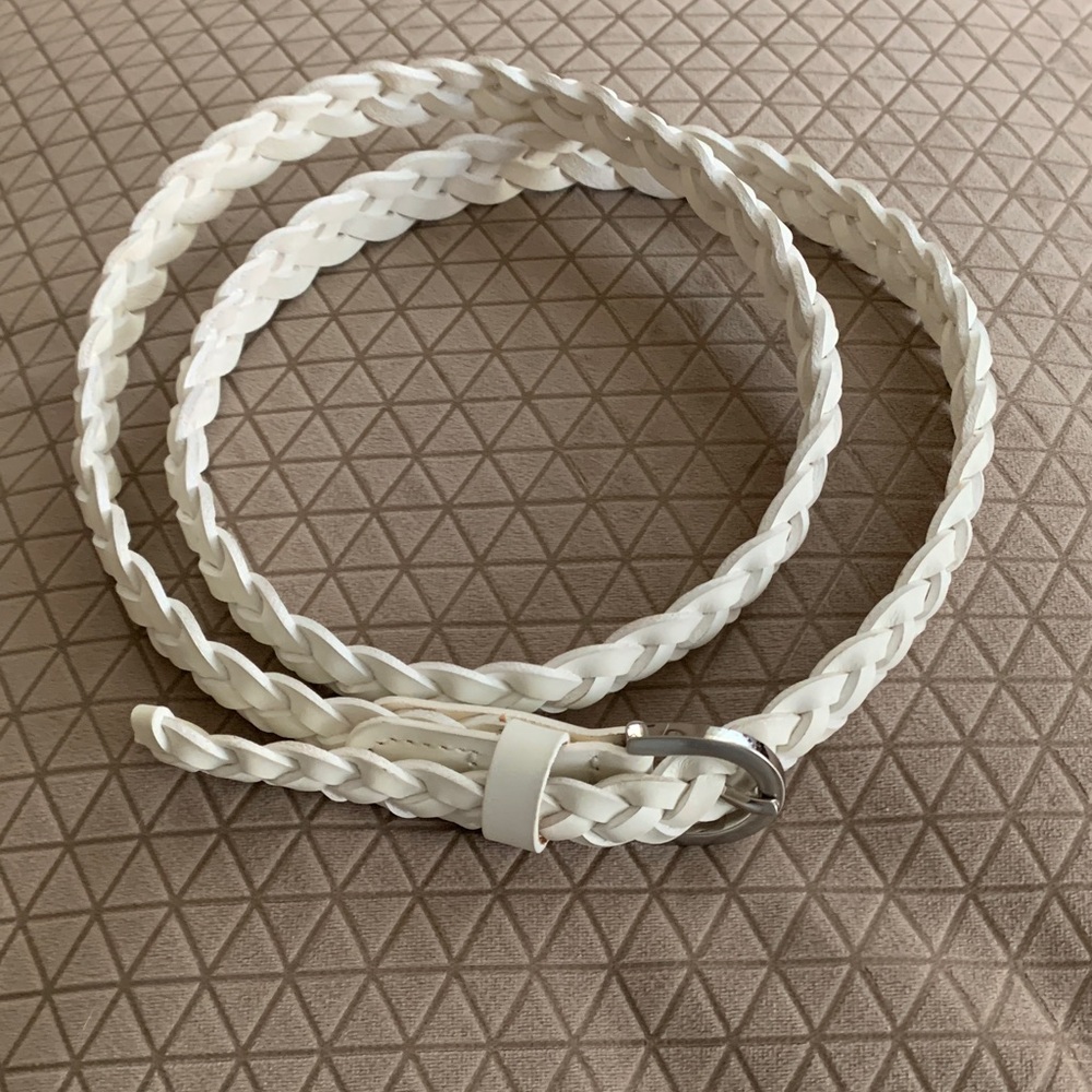Braided white leather belt, women’s size M, approximately 40” length
